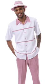 Edge Collection: Men's Horizontal Color Block Walking Suit Set In Rose Pink -2412