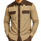 close-up of brown plaid walking suit shirt with contrasting brown trim by Stacy Adams