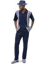 Montique navy checker plaid color block walking suit set