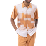 Geometric Collection: Men's Solid Tone on Tone Tetris Desgin Walking Suit Set in Tan - 2423