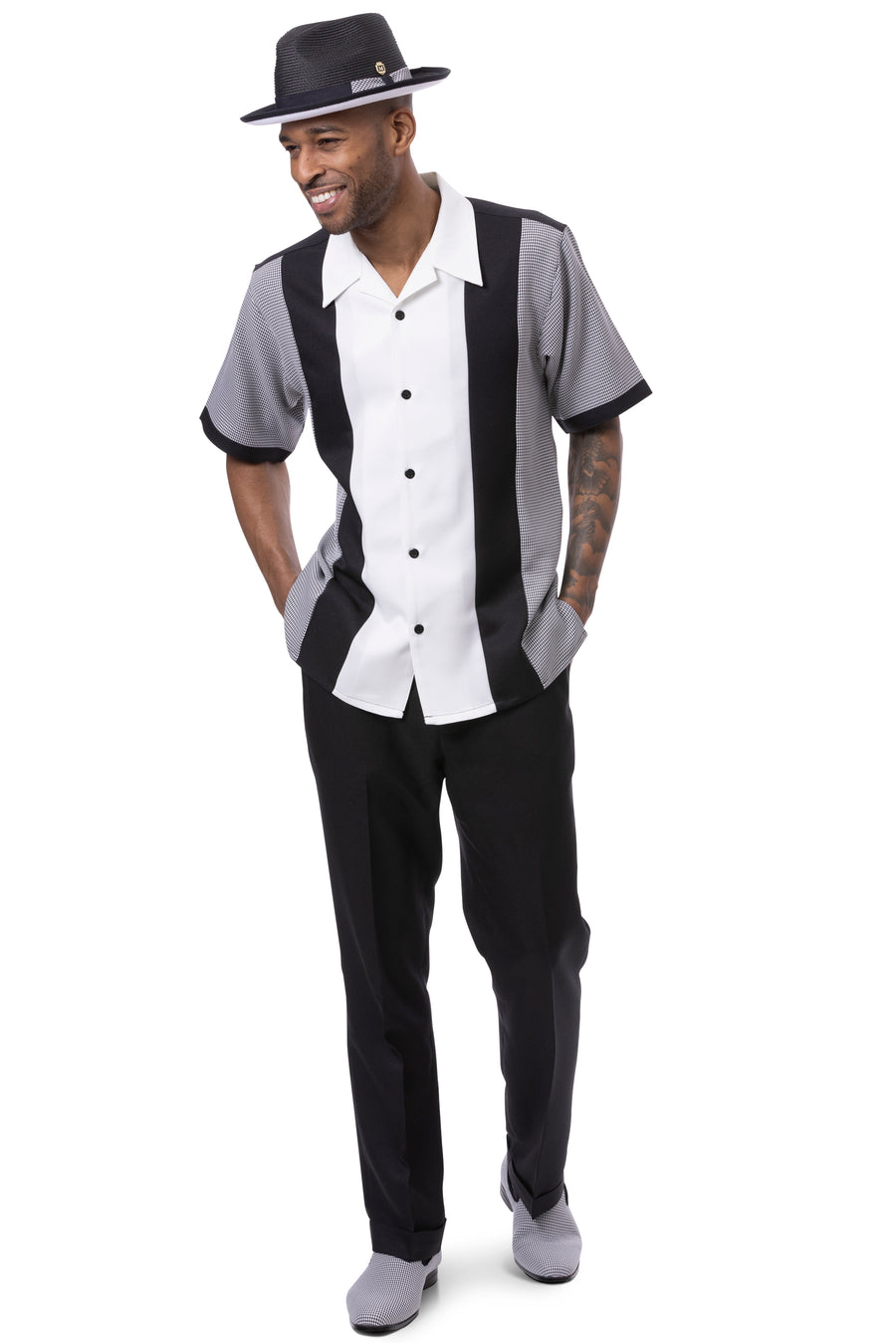 Black houndstooth with color block men's short sleeve walking suit 2-piece set - Houndour Collection