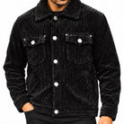 close-up of black corduroy jacket with chest flap pockets and silver-tone buttons by Stacy Adams
