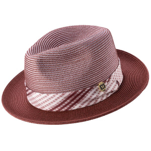 Tucana Collection: Montique Burgundy Fedora Hat with Checkered Ribbon Band