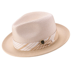 Tucana Collection: Montique Beige Fedora Hat with Checkered Ribbon Band