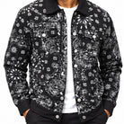 close-up of black bandana print jacket with button-front closure and chest pockets by Stacy Adams