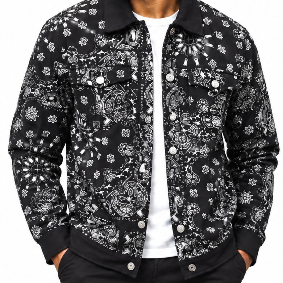 close-up of black bandana print jacket with button-front closure and chest pockets by Stacy Adams