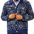 close-up of navy bandana print jacket with button-front closure and chest pockets by Stacy Adams