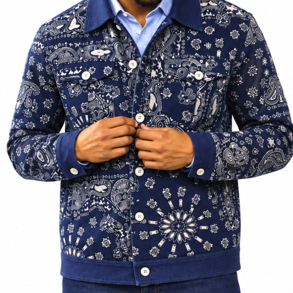 close-up of navy bandana print jacket with button-front closure and chest pockets by Stacy Adams