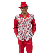 Red Abstract Panel Long Sleeve Walking Suit Set - Classic Fit