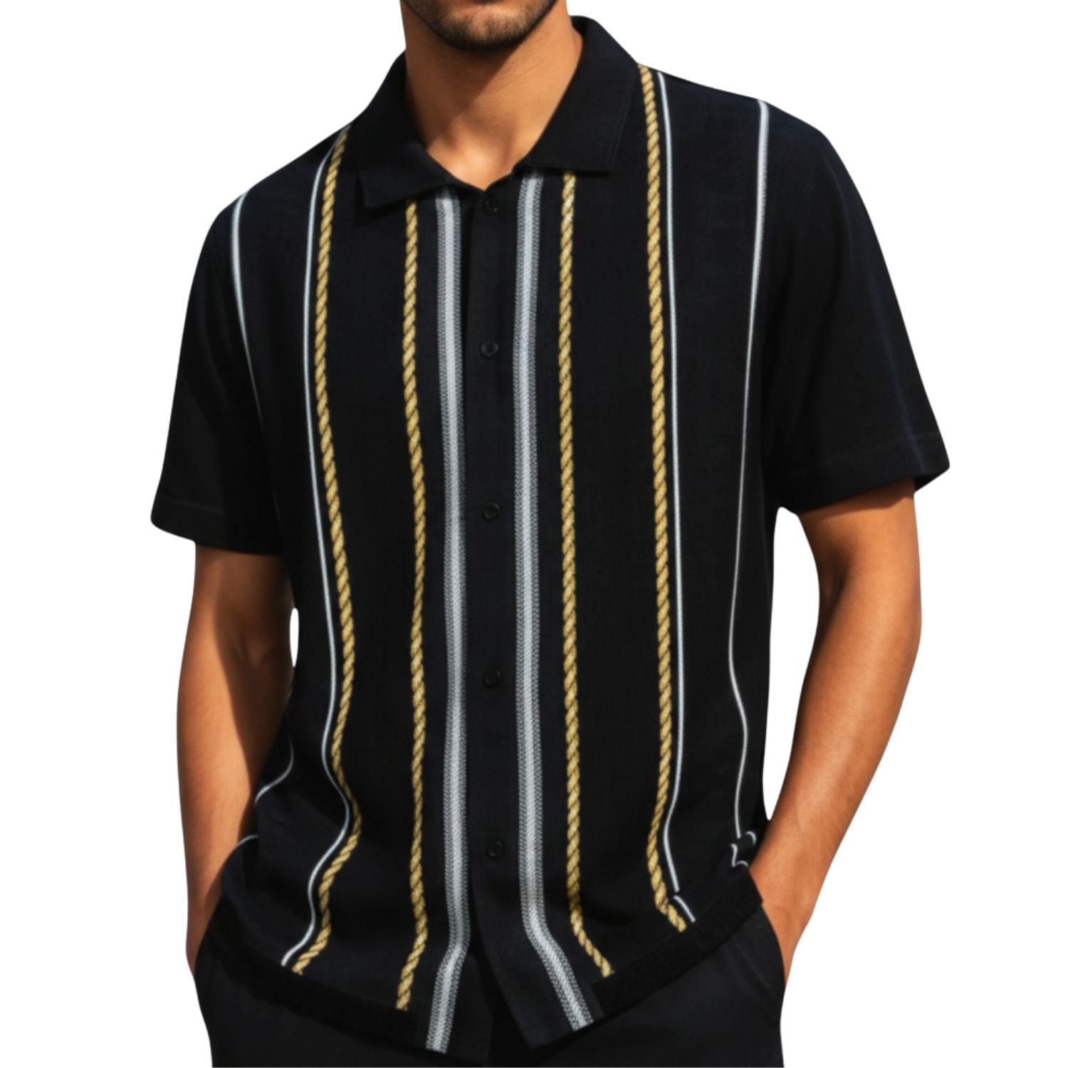 Black rope knit striped button down shirt