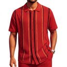 red rope knit striped button down shirt