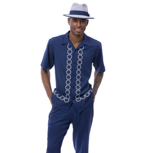 Navy Geometric Front Short Sleeve Walking Suit Set - Classic Fit