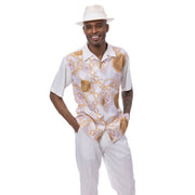 Coronal Collection: Montique's Men’s Cream With Gold Chain Print Walking Suit