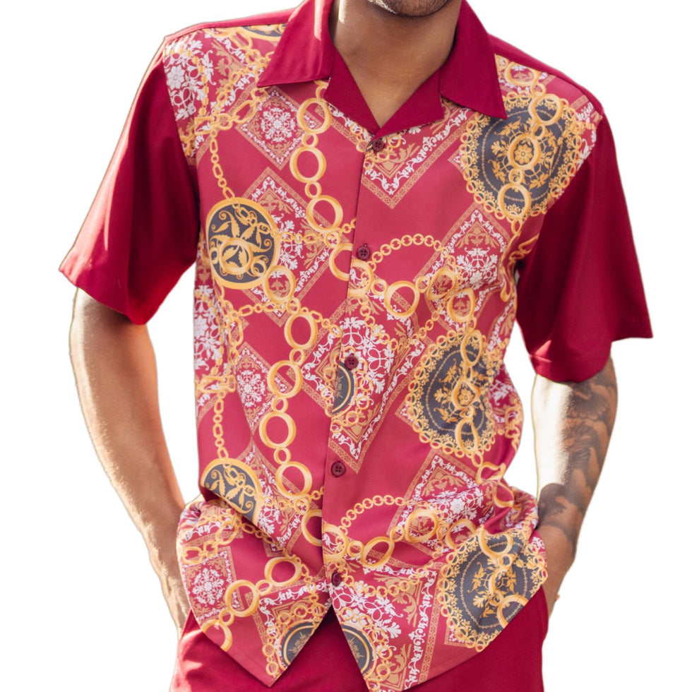Men's Burgundy 5 Buttons Short Sleeve Walking Suit main image 0