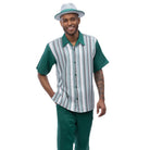 Emerald Green polyester men's walking suit short sleeve 2-piece set with vertical stripes and matching hat.