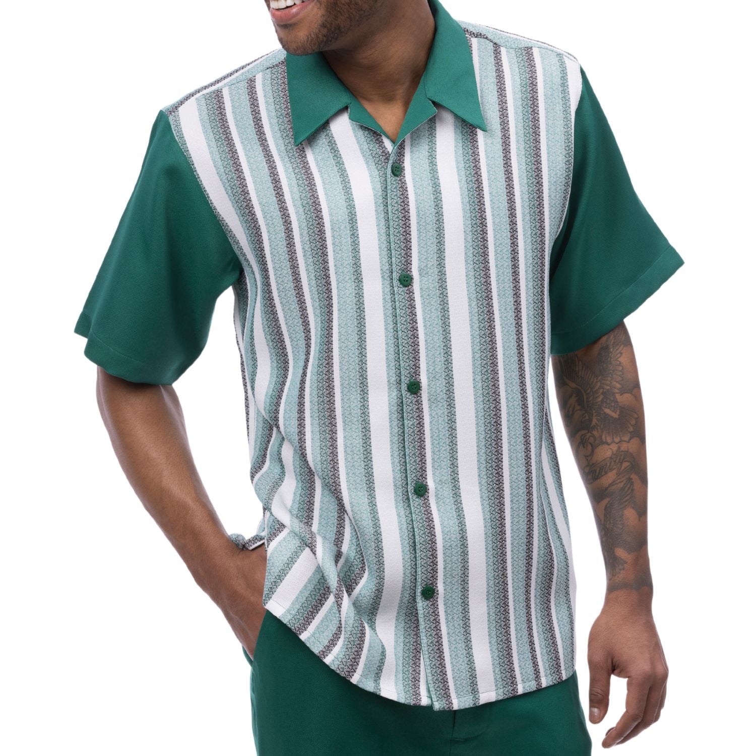 Front profile of the emerald green striped 2-piece walking suit showing the shirt fit and matching pants.