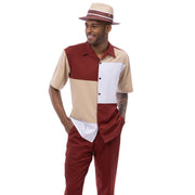 Men’s Color Block Walking Suit Set - Wine and Beige 2 Piece