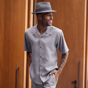 Montique 2 Piece Short Sleeve Walking Suit with Textured Shirt - Grey