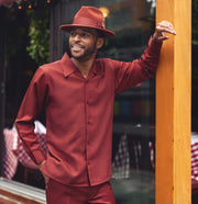 Crest Collection: Montique Men’s Cognac Textured Pattern Long Sleeve 2-Piece Walking Suit Set