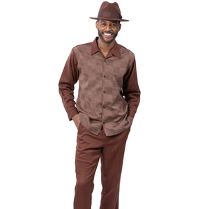 Cynos Collection: Montique Men’s Brown Checkerboard Jacquard Pattern Long Sleeve 2-Piece Walking Suit Set