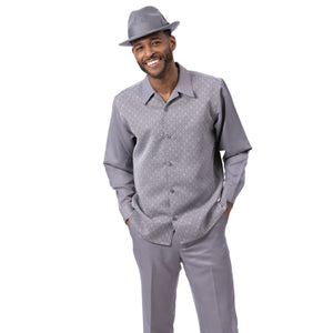 Grey Diamond Lattice Jacquard Long Sleeve 2-Piece Walking Suit by Montique