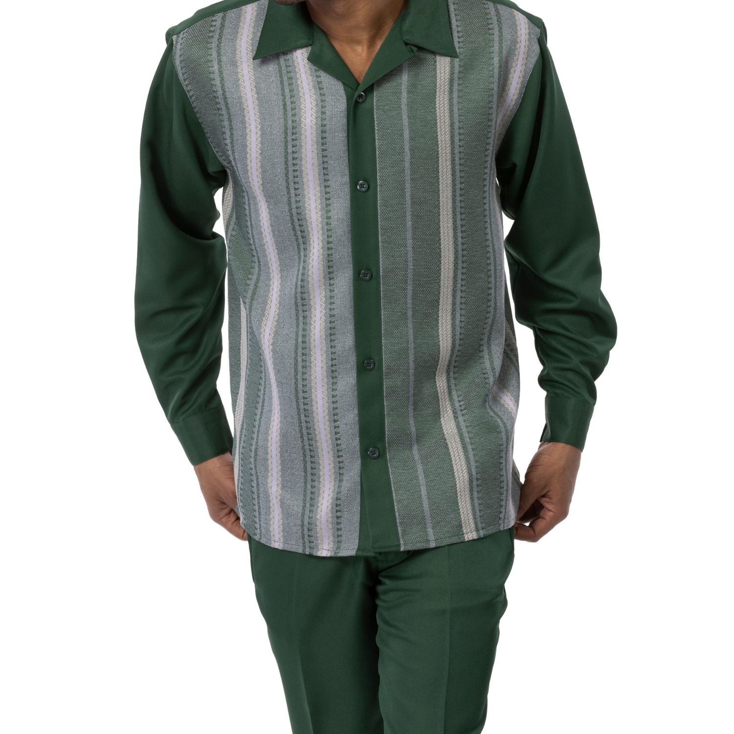 Hunter Montique walking suit with grey and neutral vertical stripe front panels