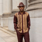 Brown vertical stripe long sleeve 2-piece walking suit by Montique front view