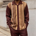 Brown Montique walking suit with tan beige and gold vertical stripe front panels