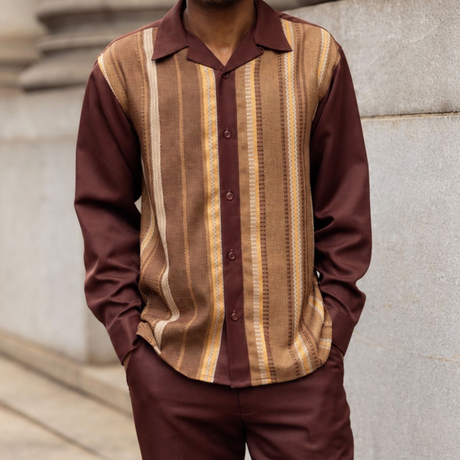 Brown Montique walking suit with tan beige and gold vertical stripe front panels