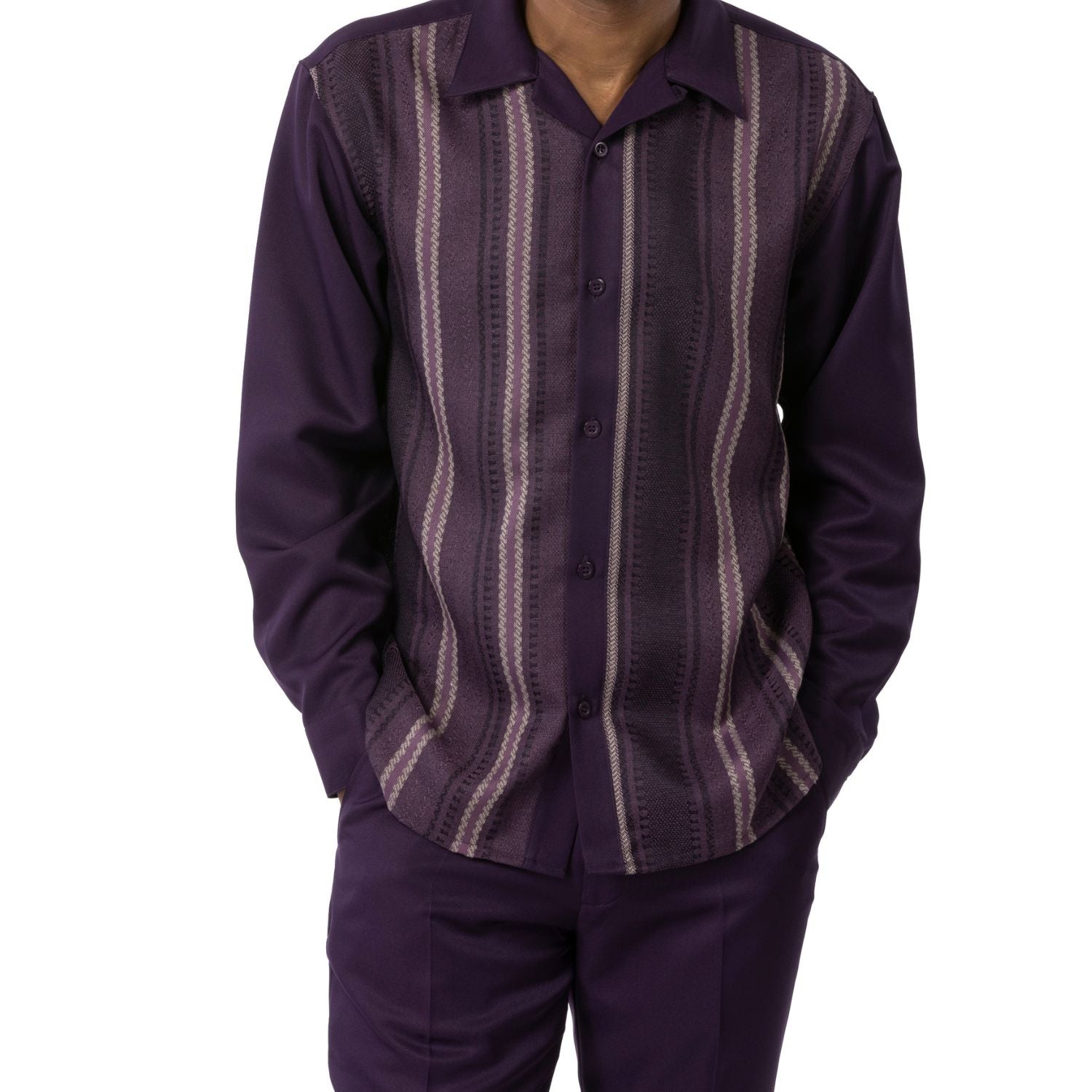 Plum Montique walking suit with lavender and deep purple vertical stripe front panels