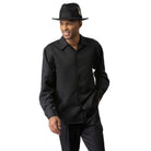 Black tone-on-tone long sleeve 2-piece walking suit by Montique front view