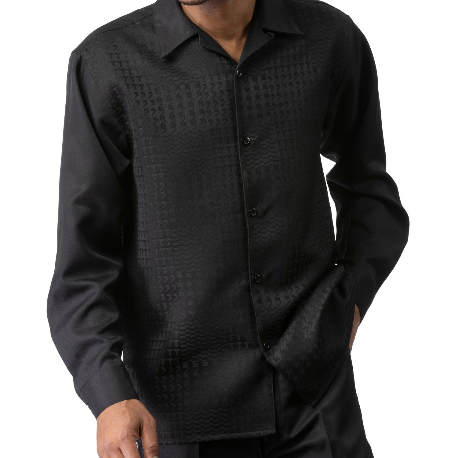 Black Montique long sleeve walking suit with tone-on-tone textured shirt front detail