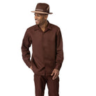 Brown tone-on-tone long sleeve 2-piece walking suit by Montique front view