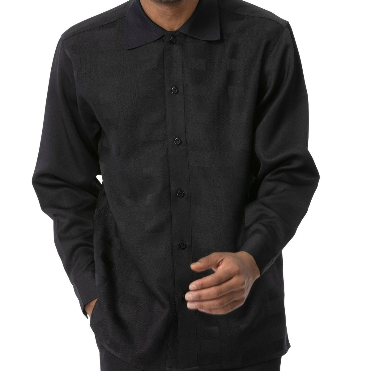 Close-up of black tone-on-tone block pattern long sleeve walking suit by Montique