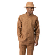 Camel Tone-on-Tone Block Pattern Long Sleeve 2-Piece Walking Suit by Montique