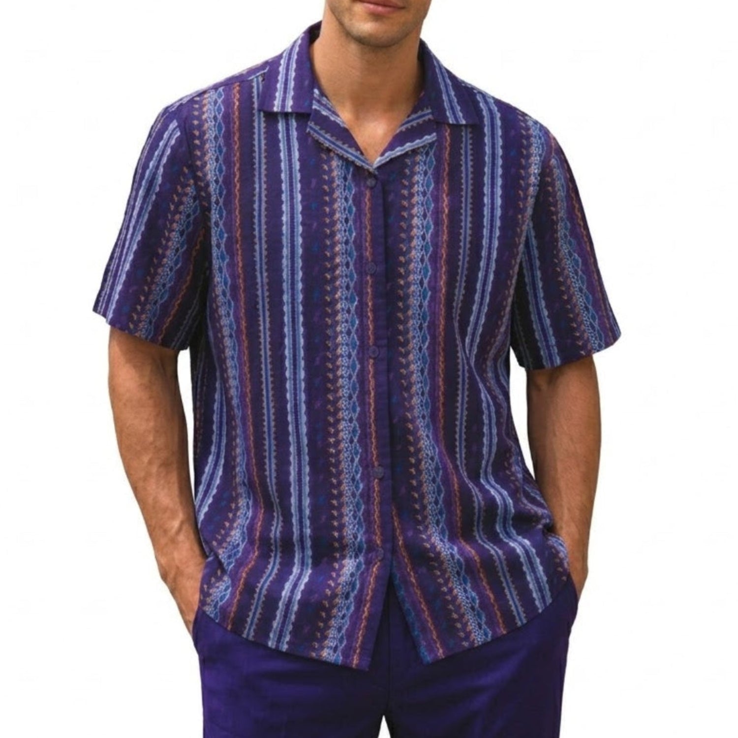 purple embroidered short sleeve shirt front view