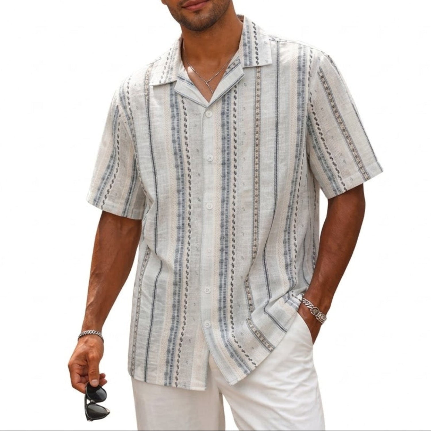 white embroidered short sleeve shirt front view