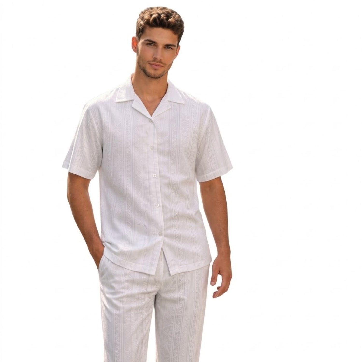white poly jacquard 2-piece walking suit set by Stacy Adams front view
