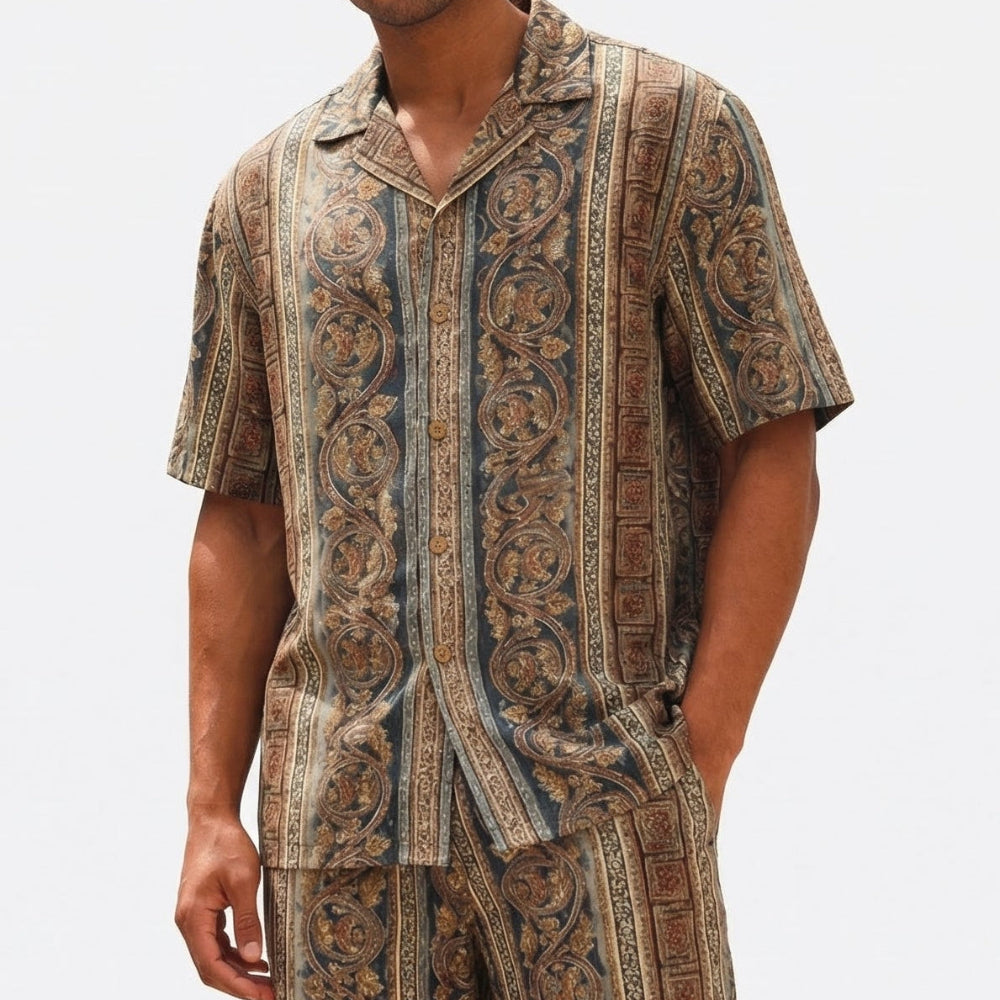 gold mesh print short pants walking suit set
