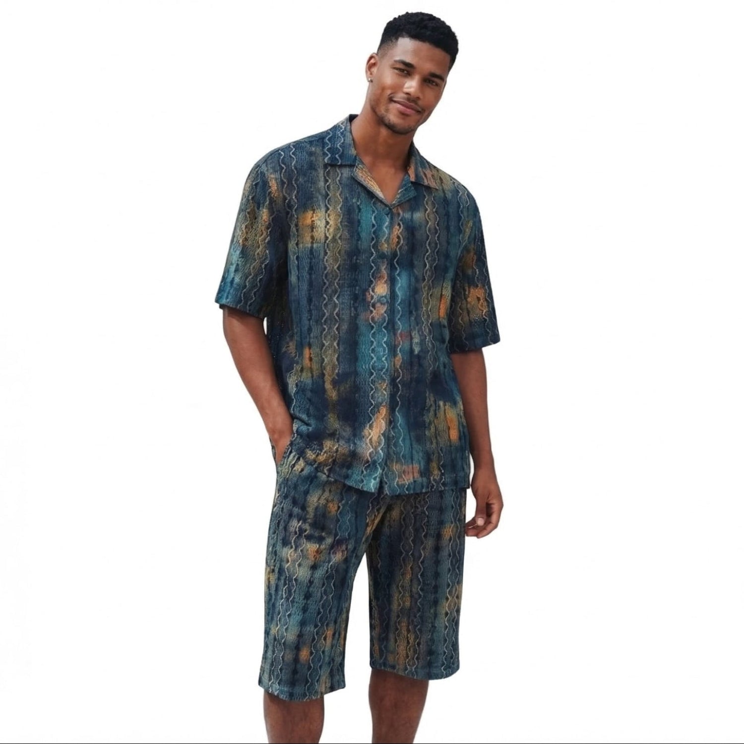 stacy adams teal mesh print 2-piece short set