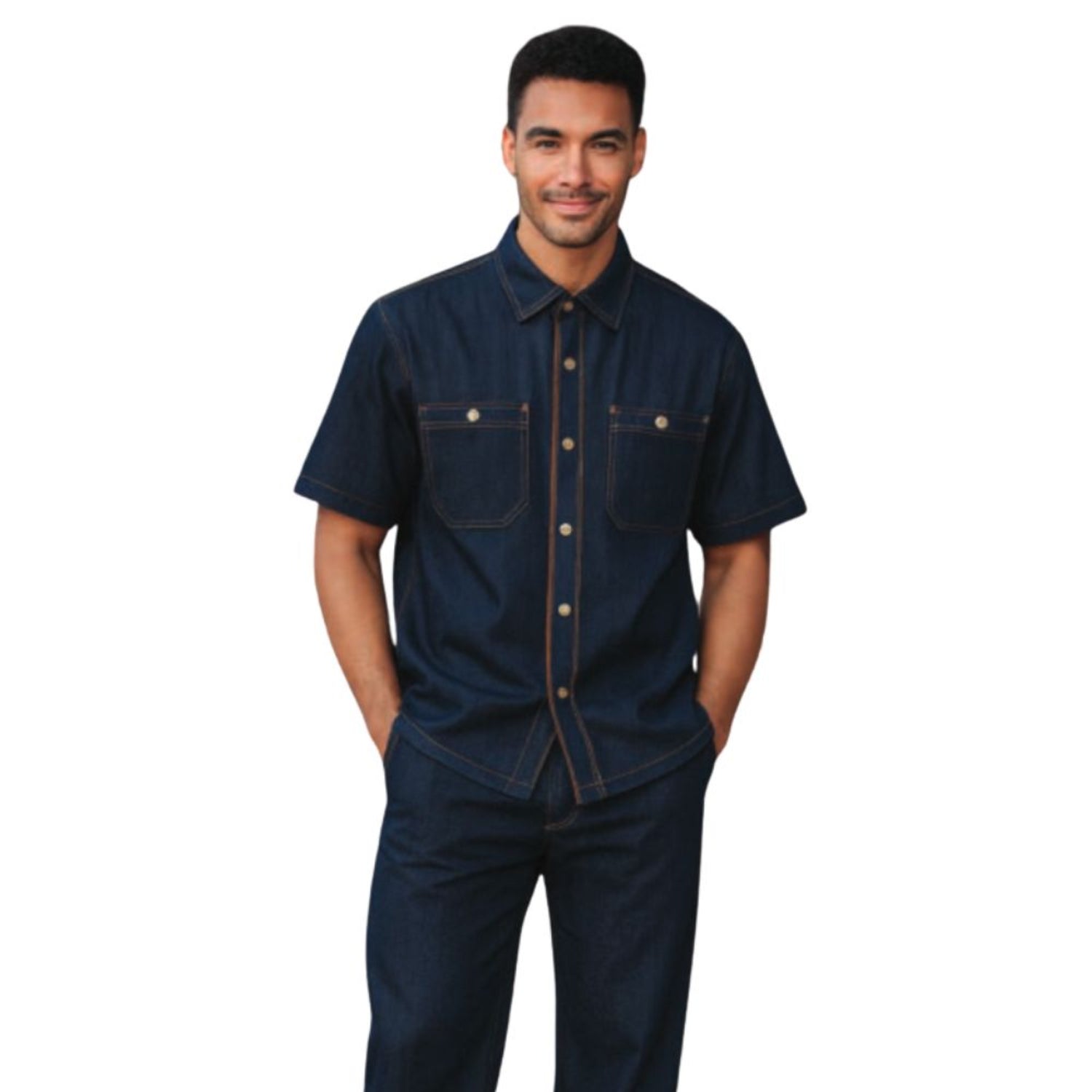 indigo denim suede trim 2-piece walking suit set by Stacy Adams front view