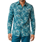 teal abstract linen print long sleeve shirt front view