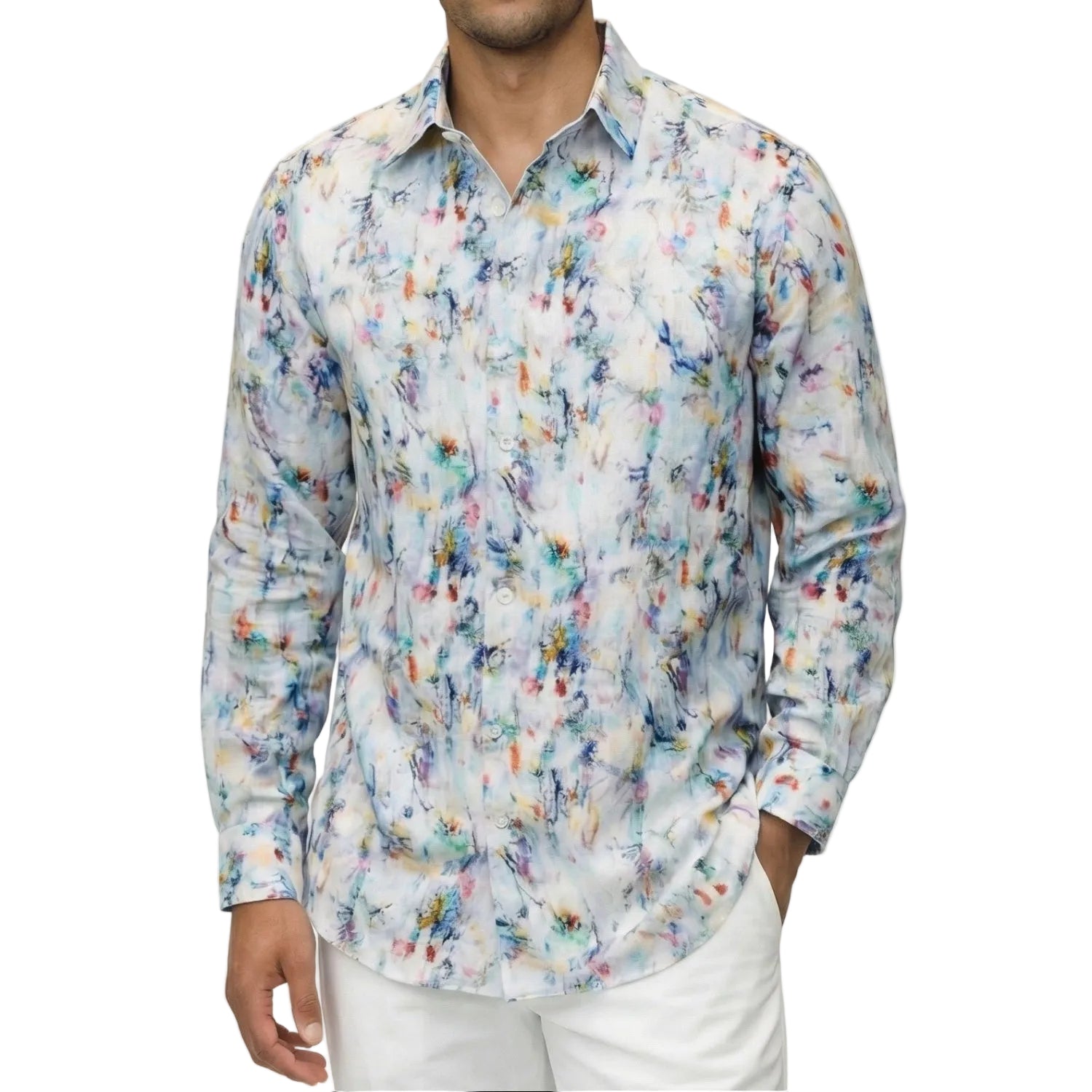 white abstract linen print long sleeve shirt front view