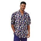 purple linen print short sleeve shirt front view