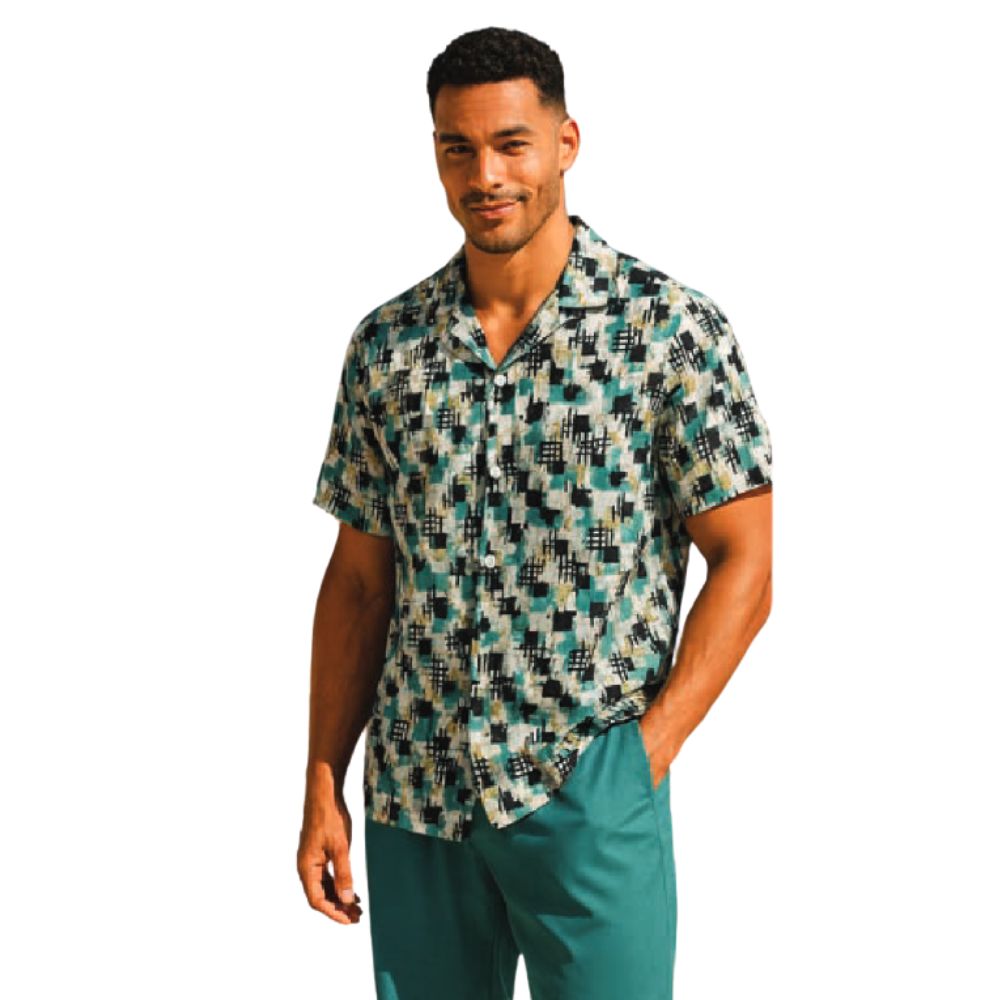 teal linen print short sleeve shirt front view