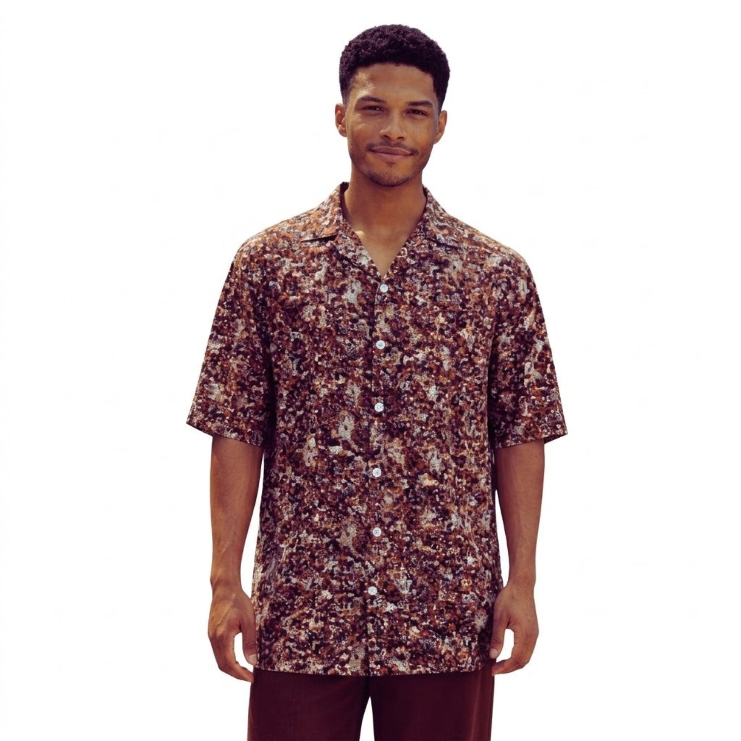 Brown men's short-sleeve shirt with a multi-colored abstract print and open camp collar.