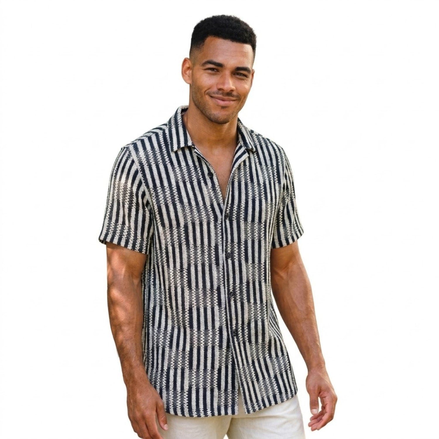 Black textured stripe novelty short sleeve shirt by Stacy Adams
