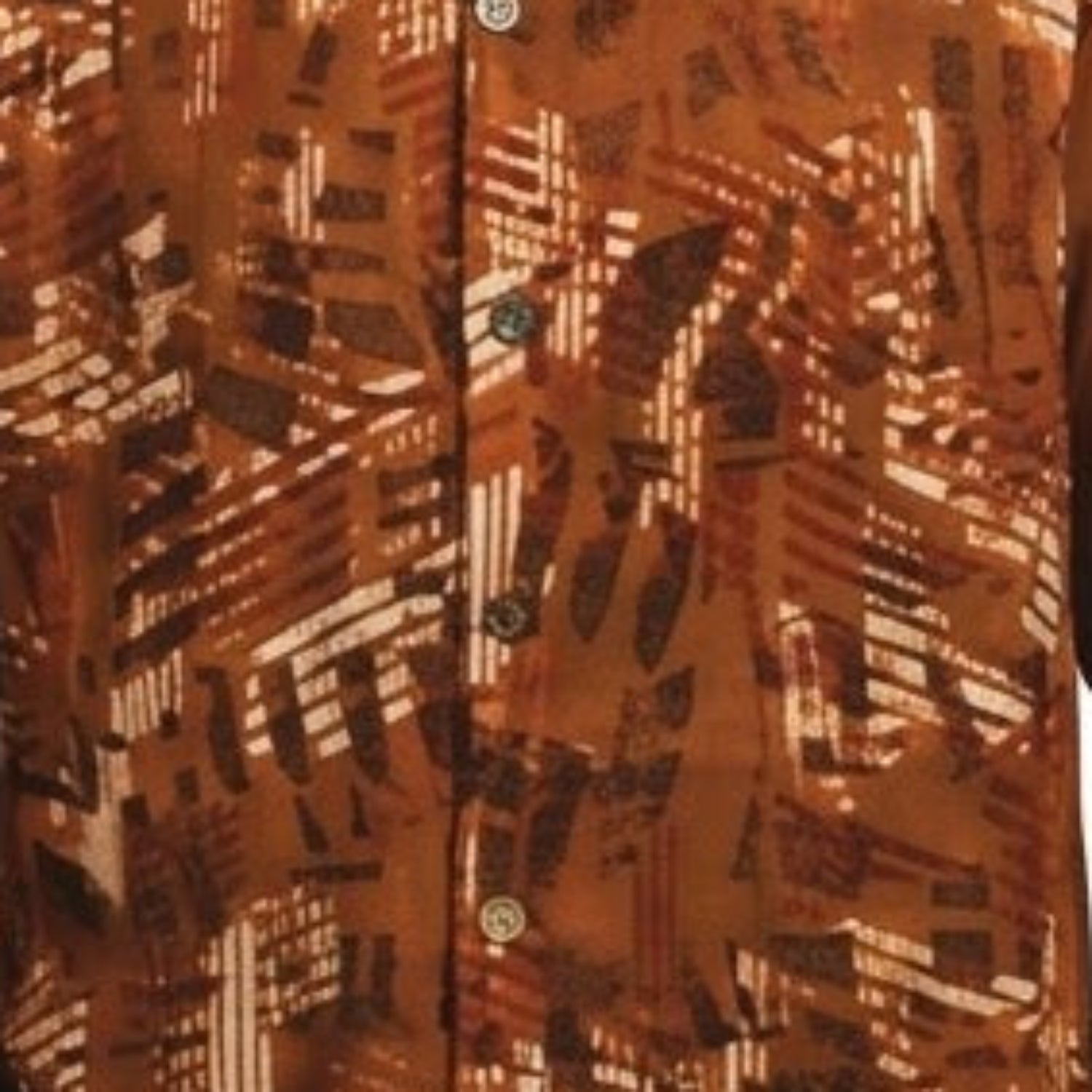 Close-up of brown abstract print short sleeve walking suit shirt by Stacy Adams