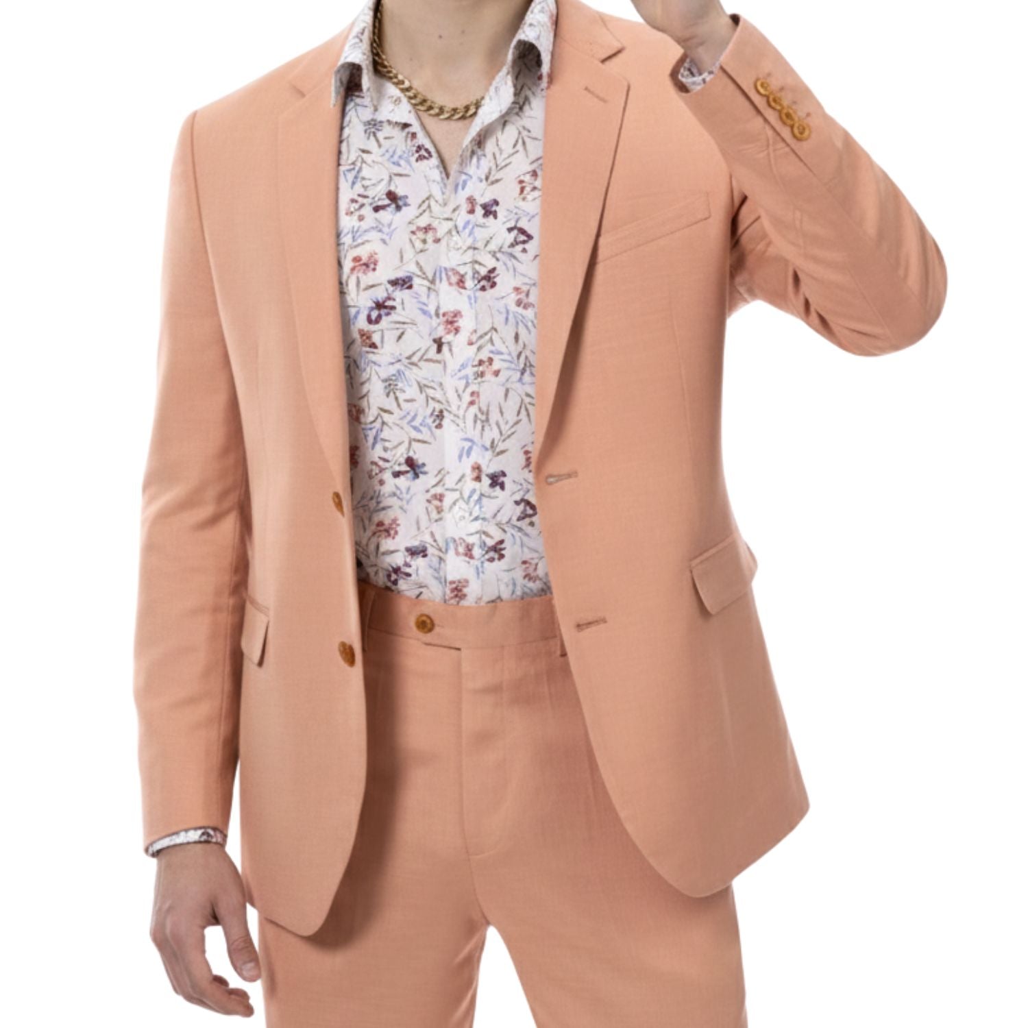 salmon linen suit notch lapel jacket classic fit front detail