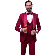 Crinale Collection: Wine 3-Piece Solid Pattern Tuxedo with Fancy Vest